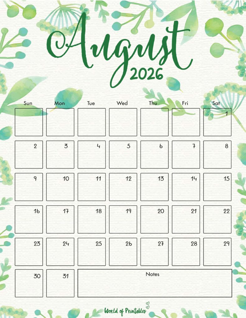 Printable August 2026 Calendar Design 100