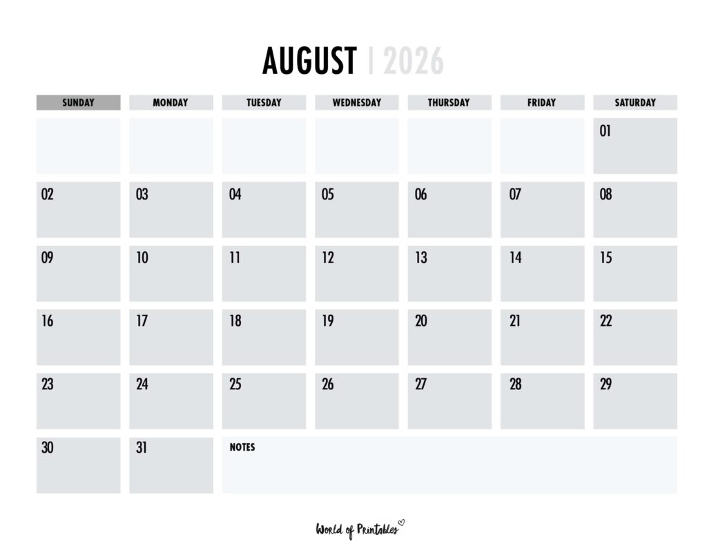 Printable August 2026 Calendar Design 101