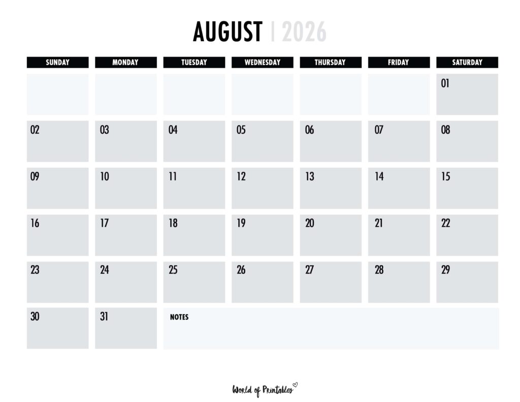 Printable August 2026 Calendar Design 102