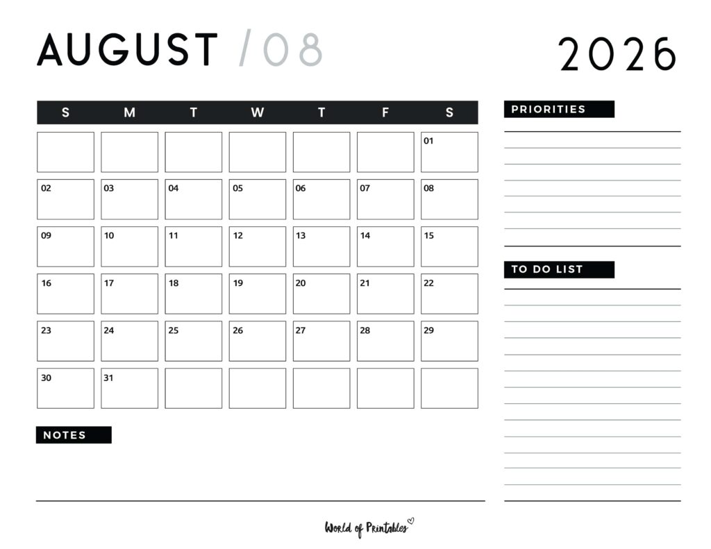 Printable August 2026 Calendar Design 107