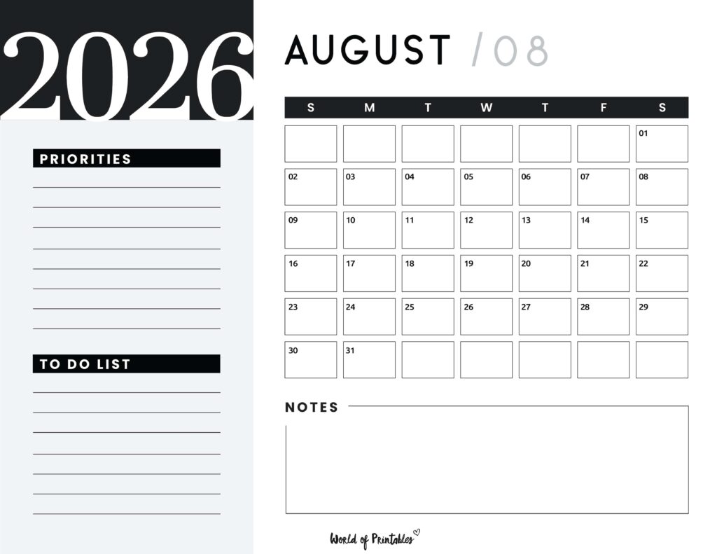 Printable August 2026 Calendar Design 108