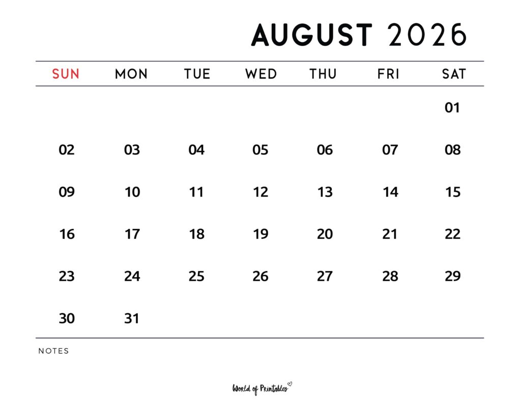 Printable August 2026 Calendar Design 112