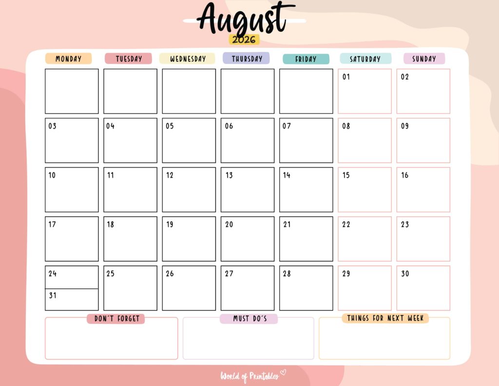 Printable August 2026 Calendar Design 115