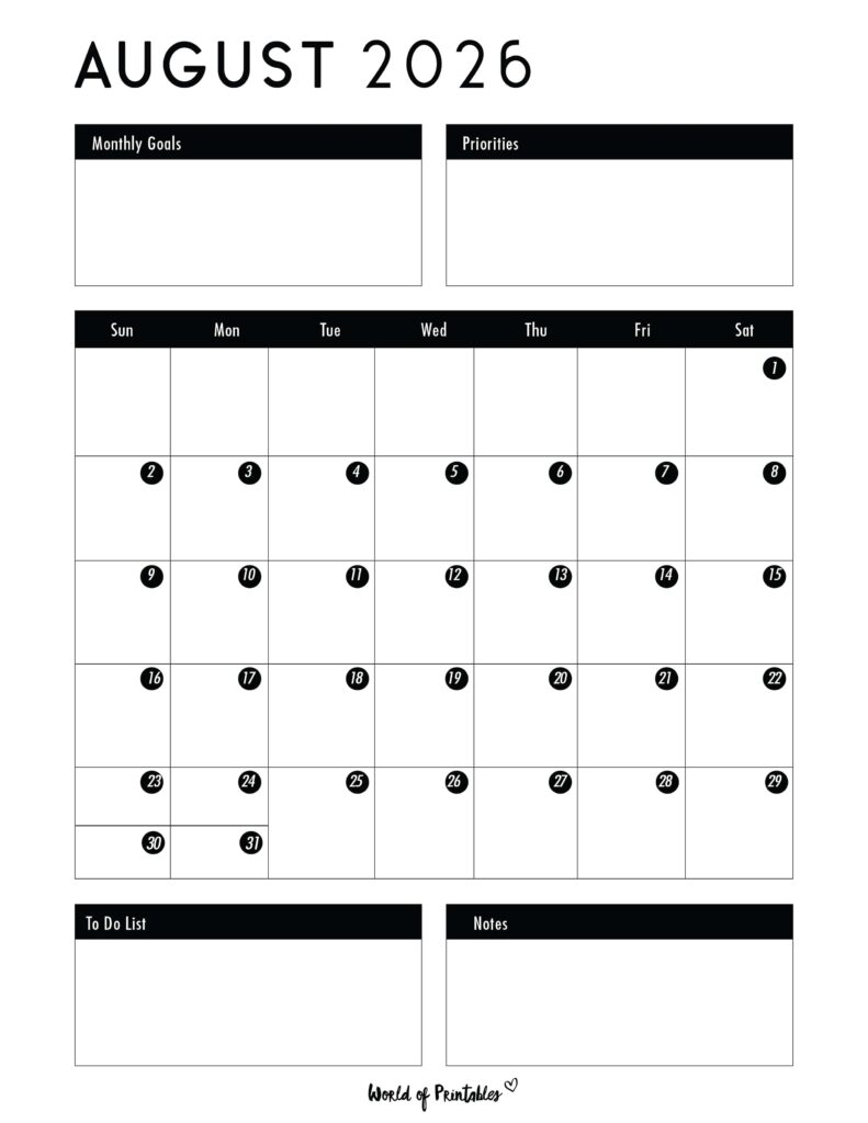 Printable August 2026 Calendar Design 124