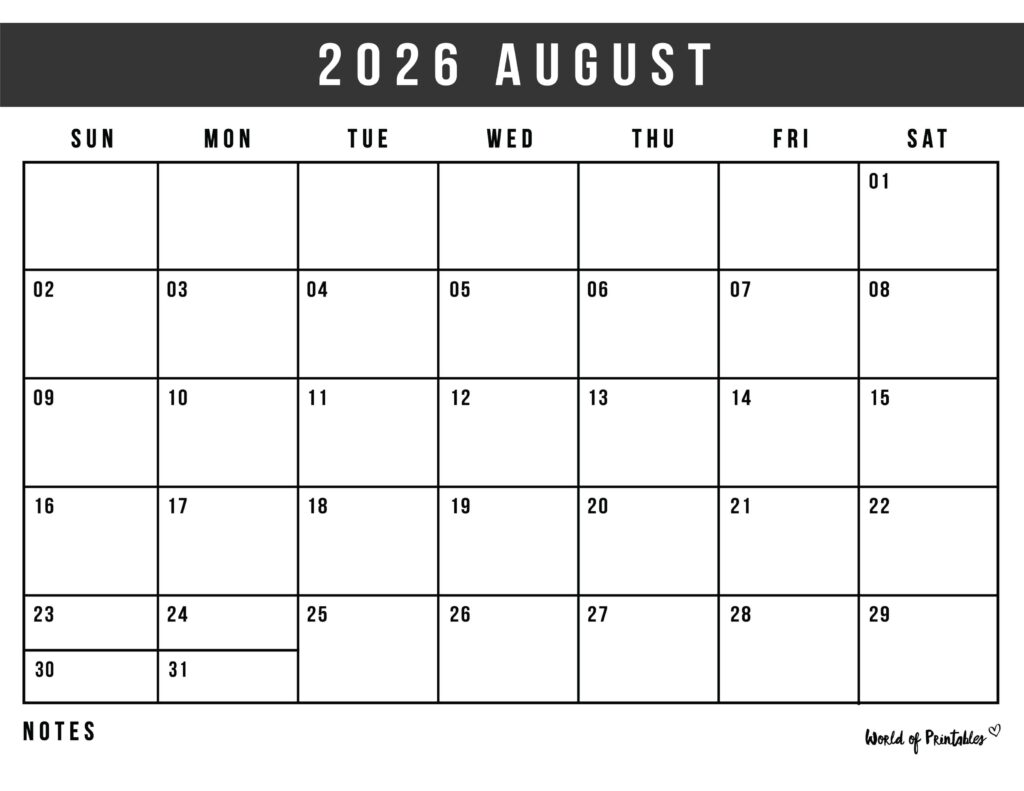 Printable August 2026 Calendar Design 125