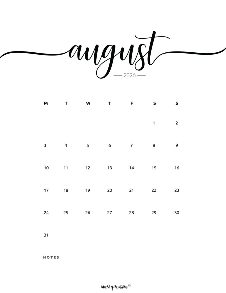Printable August 2026 Calendar Design 201