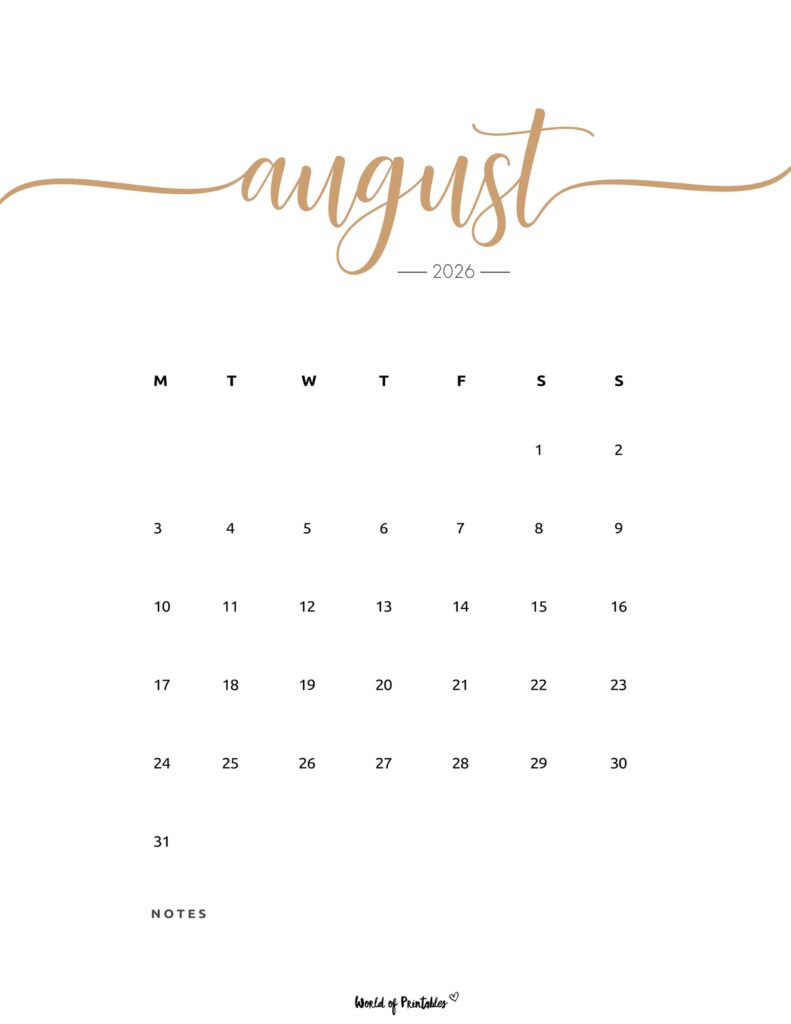 Printable August 2026 Calendar Design 202