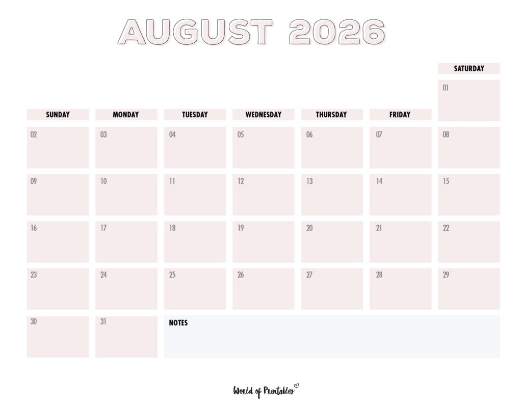 Printable August 2026 Calendar Design 203