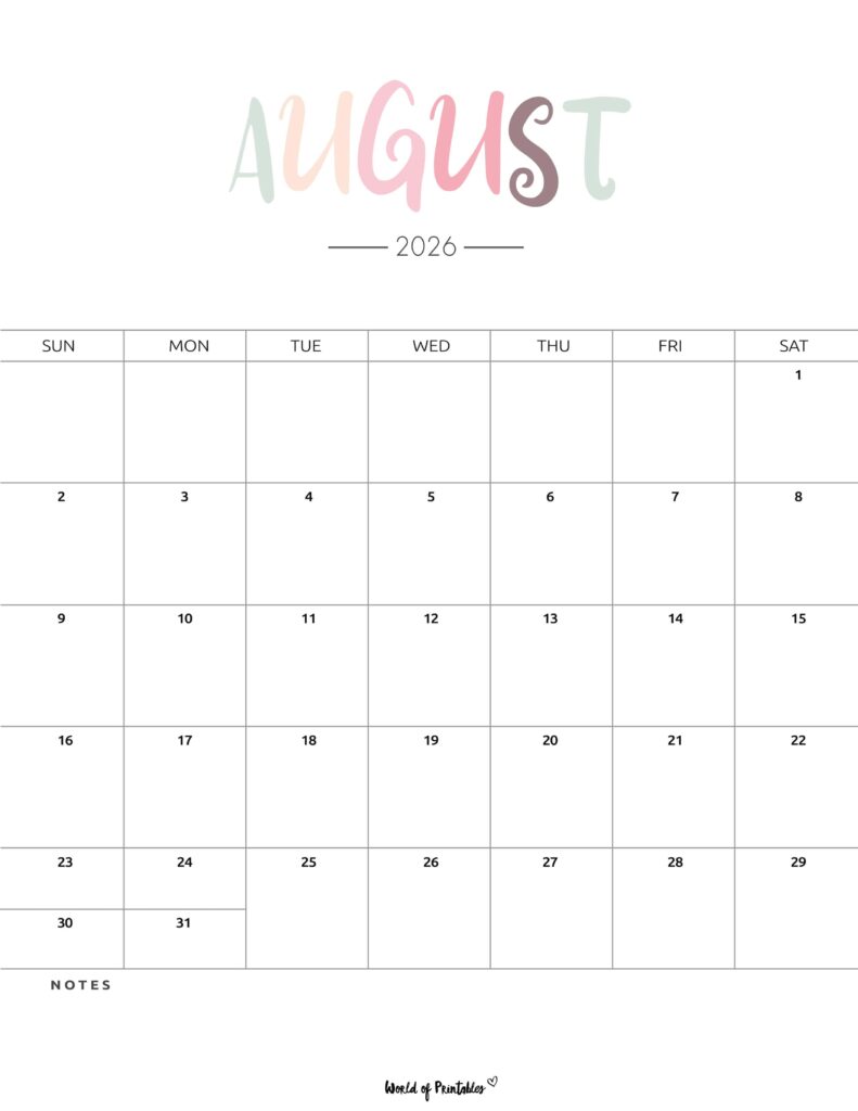 Printable August 2026 Calendar Design 205