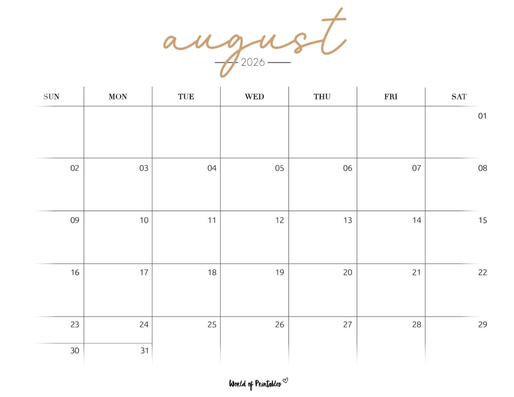 Printable August 2026 Calendar Design 206