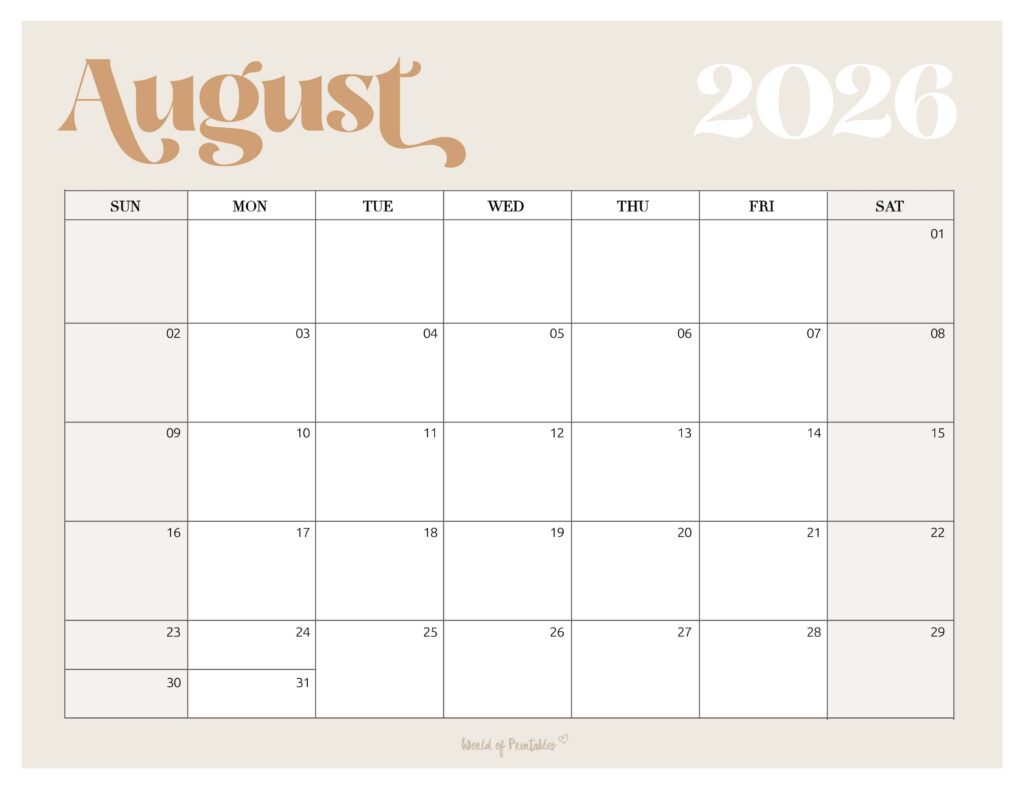 Printable August 2026 Calendar Design 207