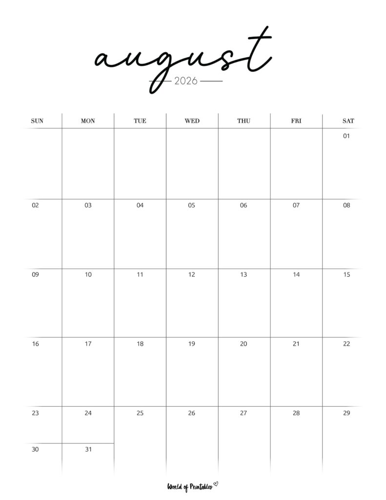 Printable August 2026 Calendar Design 208