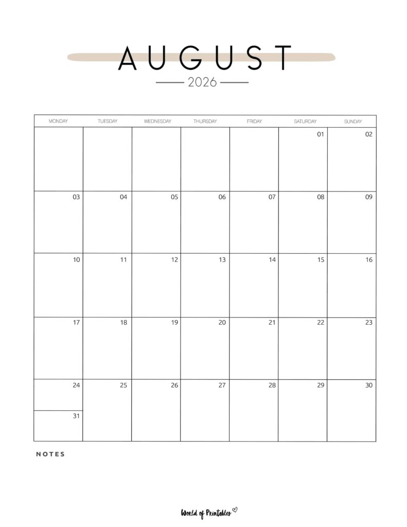 Printable August 2026 Calendar Design 209