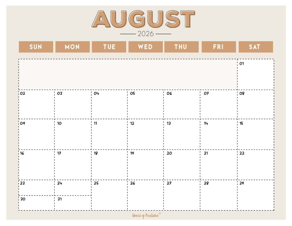 Printable August 2026 Calendar Design 210