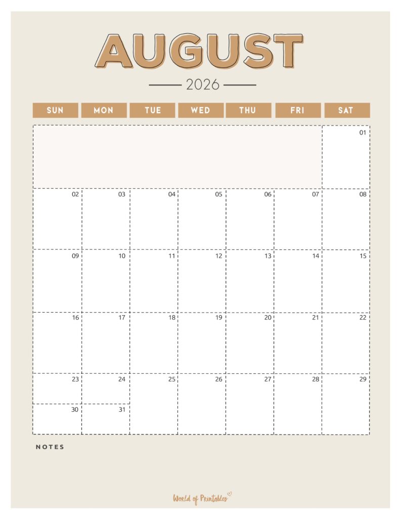 Printable August 2026 Calendar Design 213