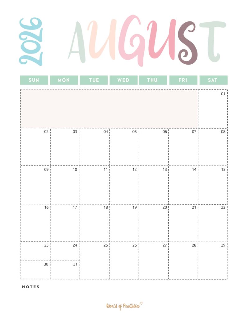 Printable August 2026 Calendar Design 218