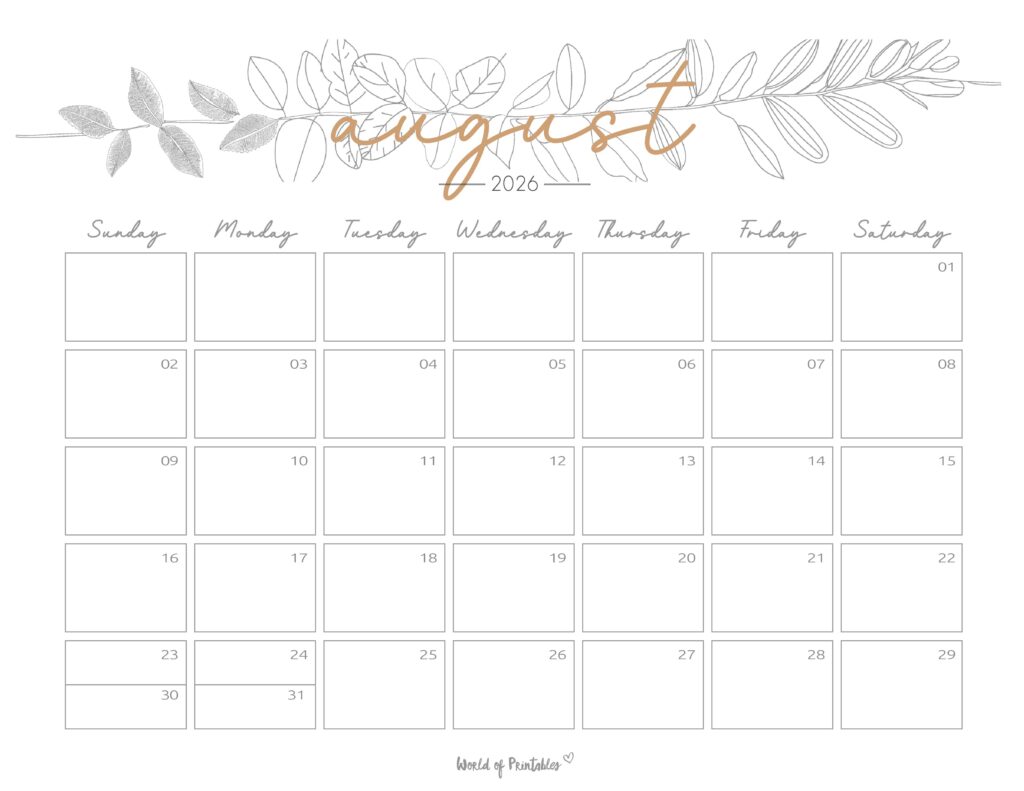 Printable August 2026 Calendar Design 250