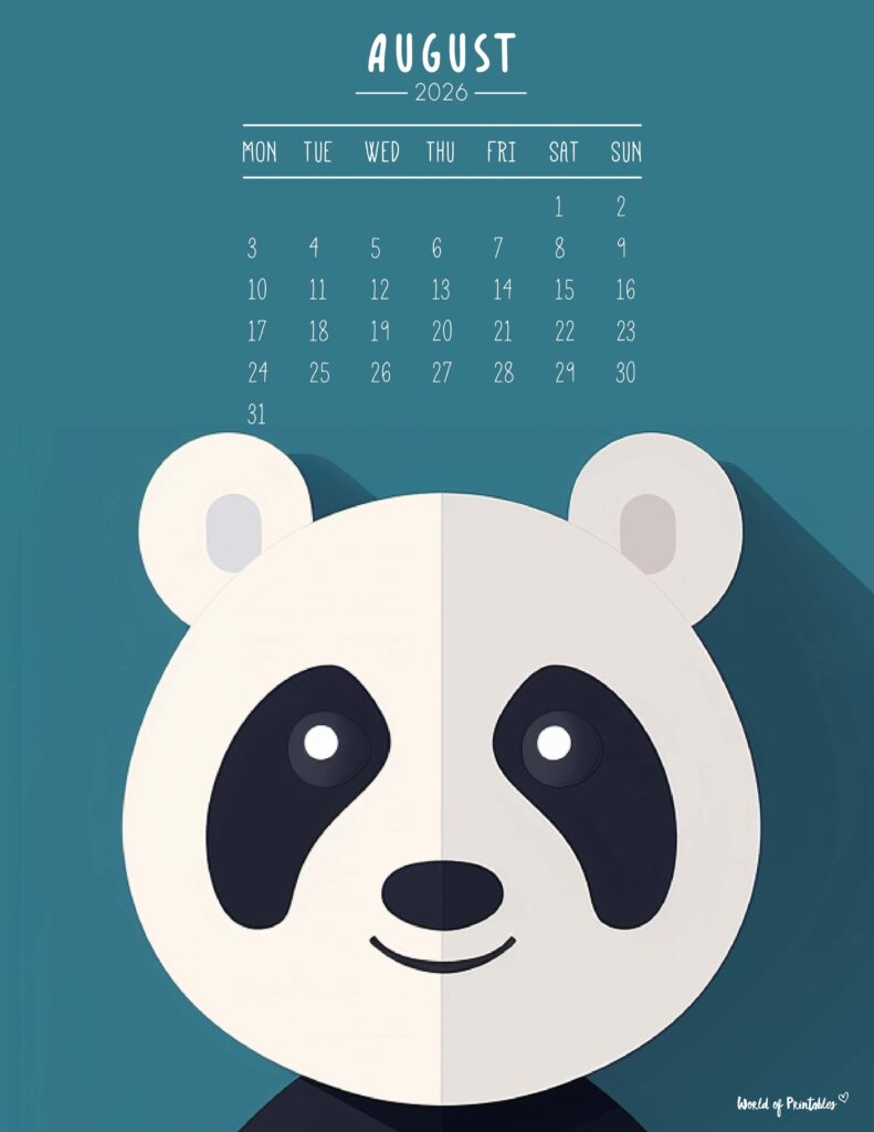 Printable August 2026 Calendar Design 251 - Monday