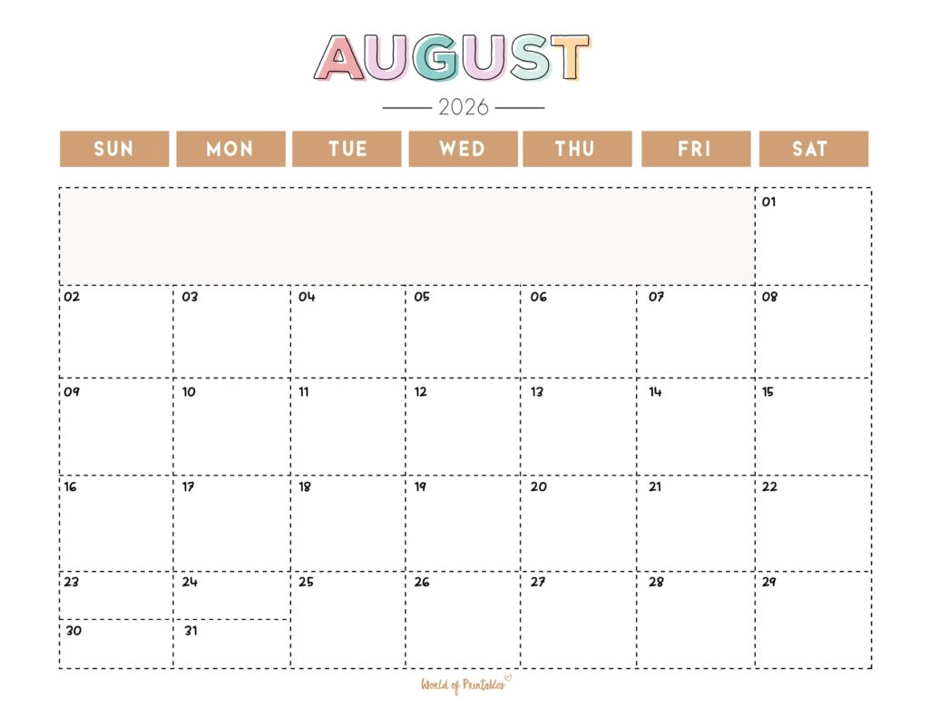 Printable August 2026 Calendar Design 252