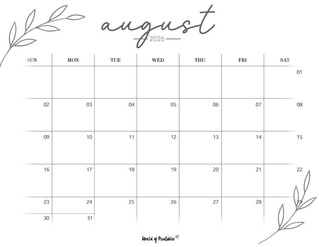 Printable August 2026 Calendar Design 255
