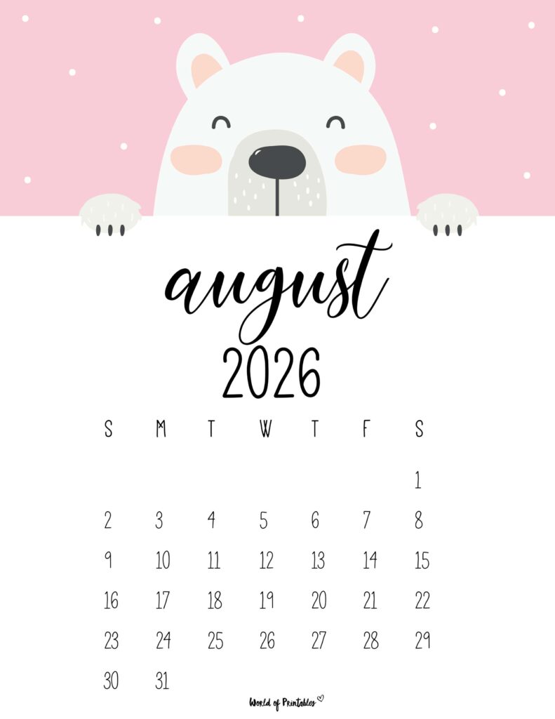 Printable August 2026 Calendar Design 30