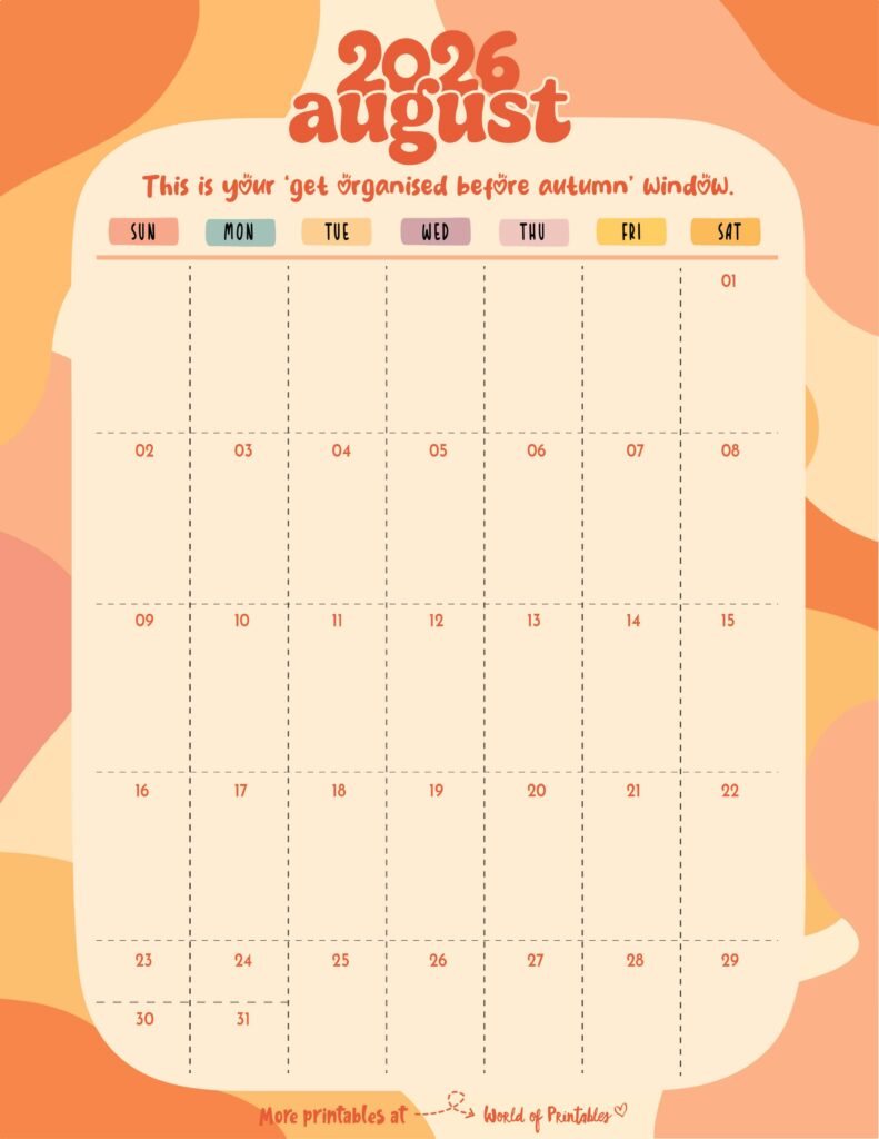 Printable August 2026 Calendar Design 303