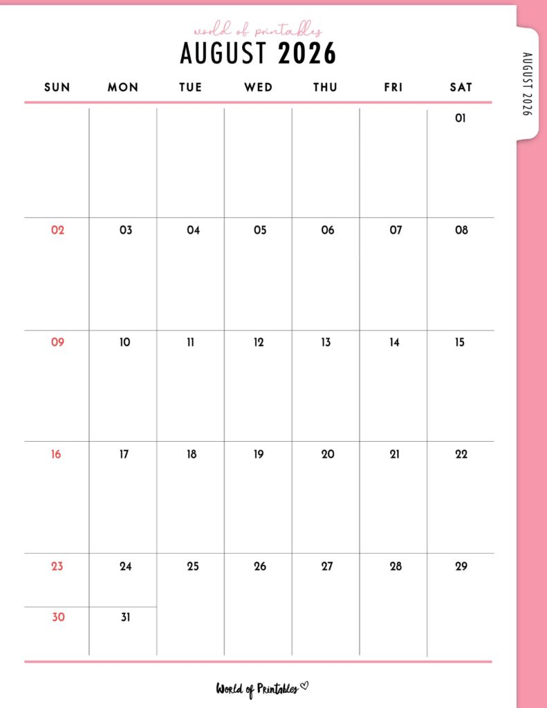 Printable August 2026 Calendar Design 308