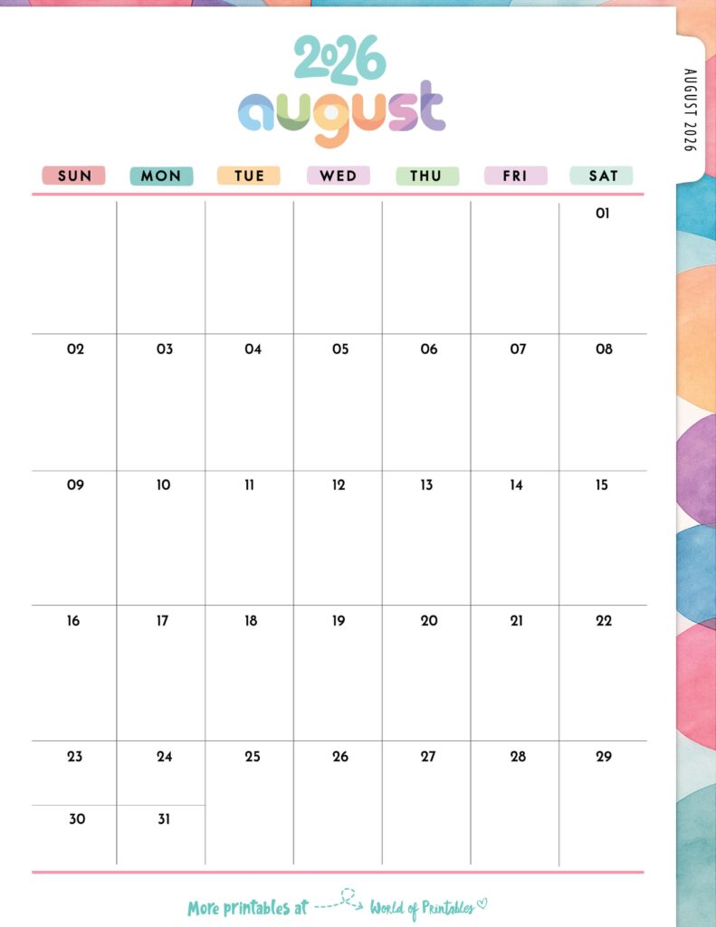 Printable August 2026 Calendar Design 309