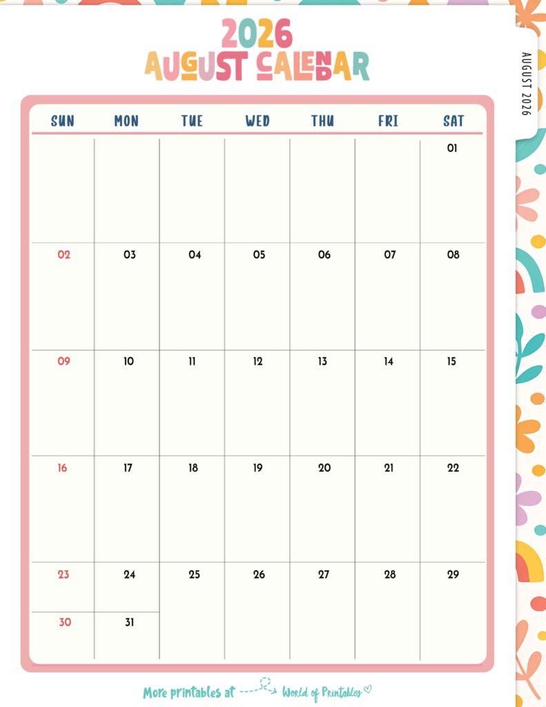 Printable August 2026 Calendar Design 310