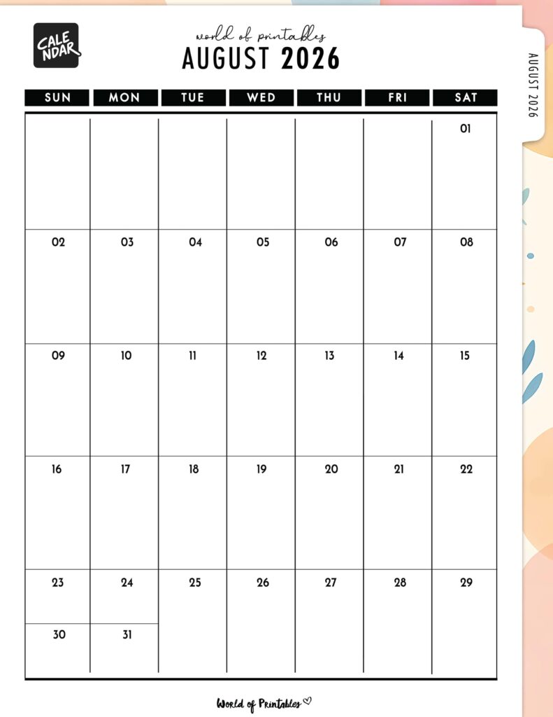 Printable August 2026 Calendar Design 312