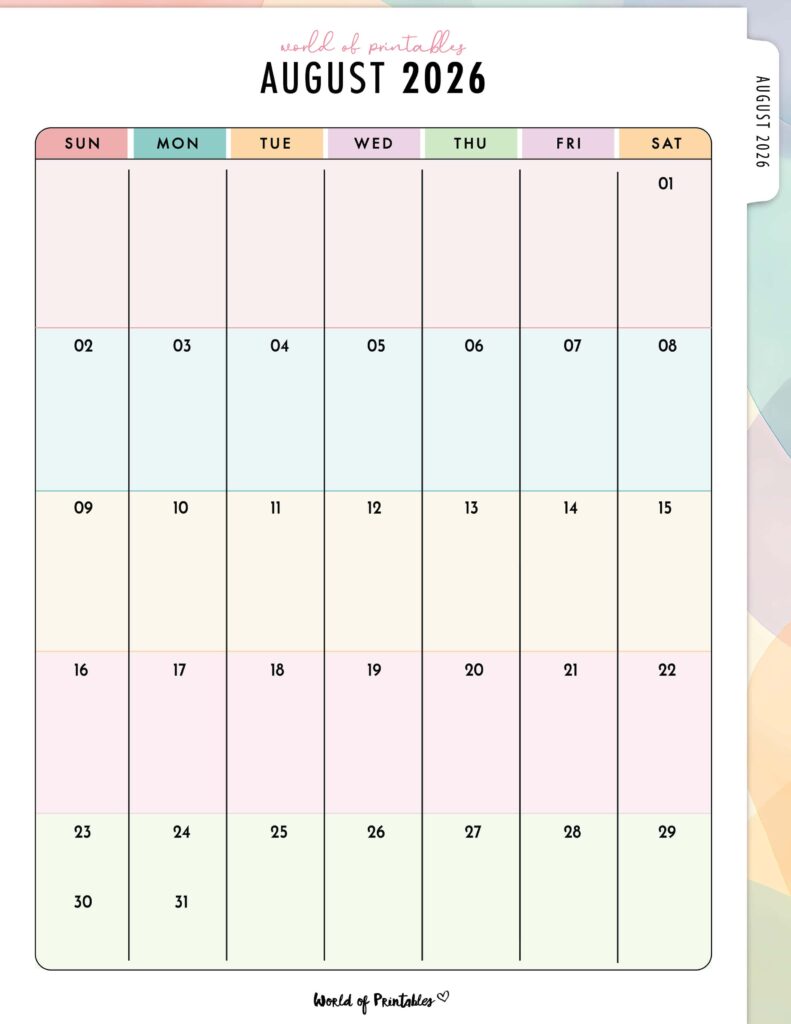 Printable August 2026 Calendar Design 315