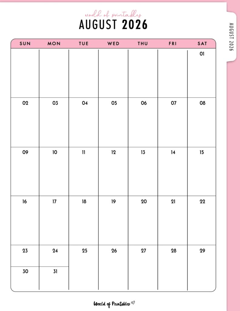 Printable August 2026 Calendar Design 316