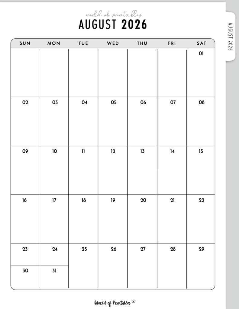 Printable August 2026 Calendar Design 317