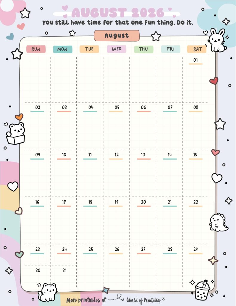 Printable August 2026 Calendar Design 321