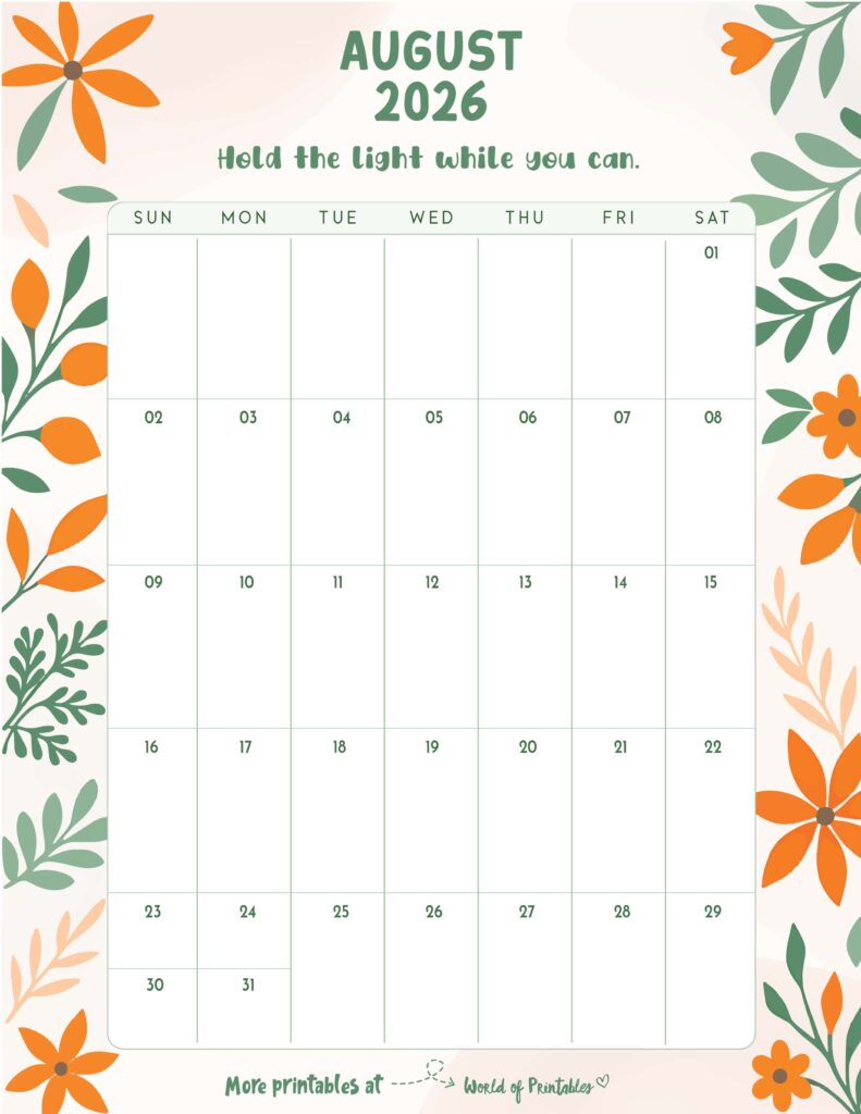 Printable August 2026 Calendar Design 325
