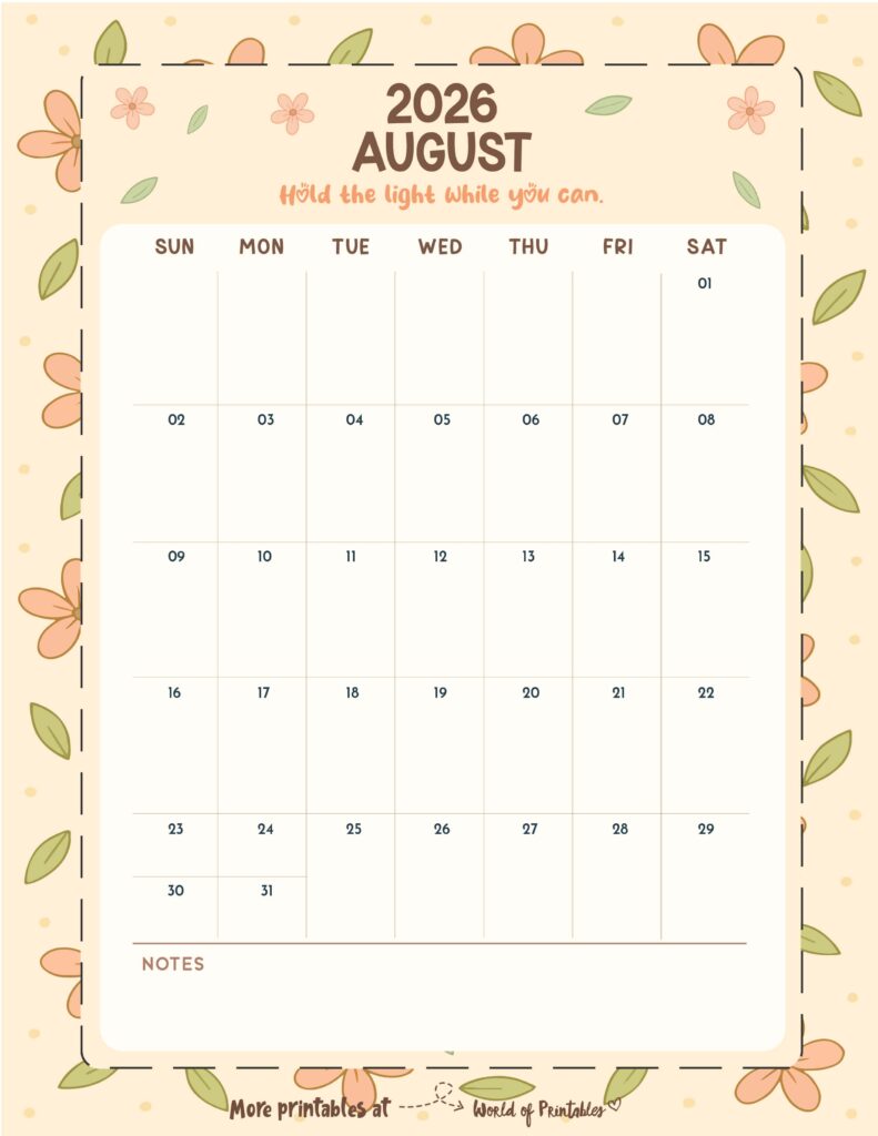 Printable August 2026 Calendar Design 327