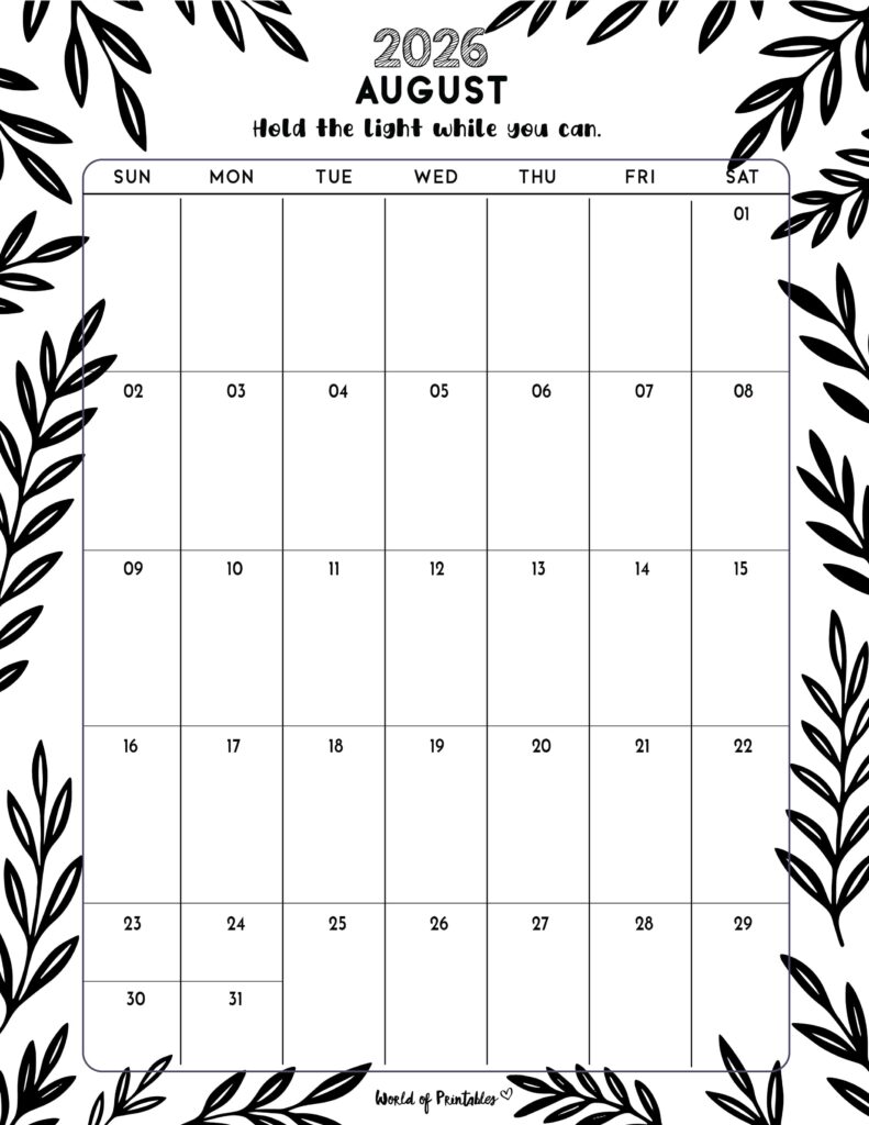 Printable August 2026 Calendar Design 328