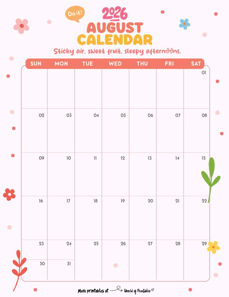 Printable August 2026 Calendar Design 330