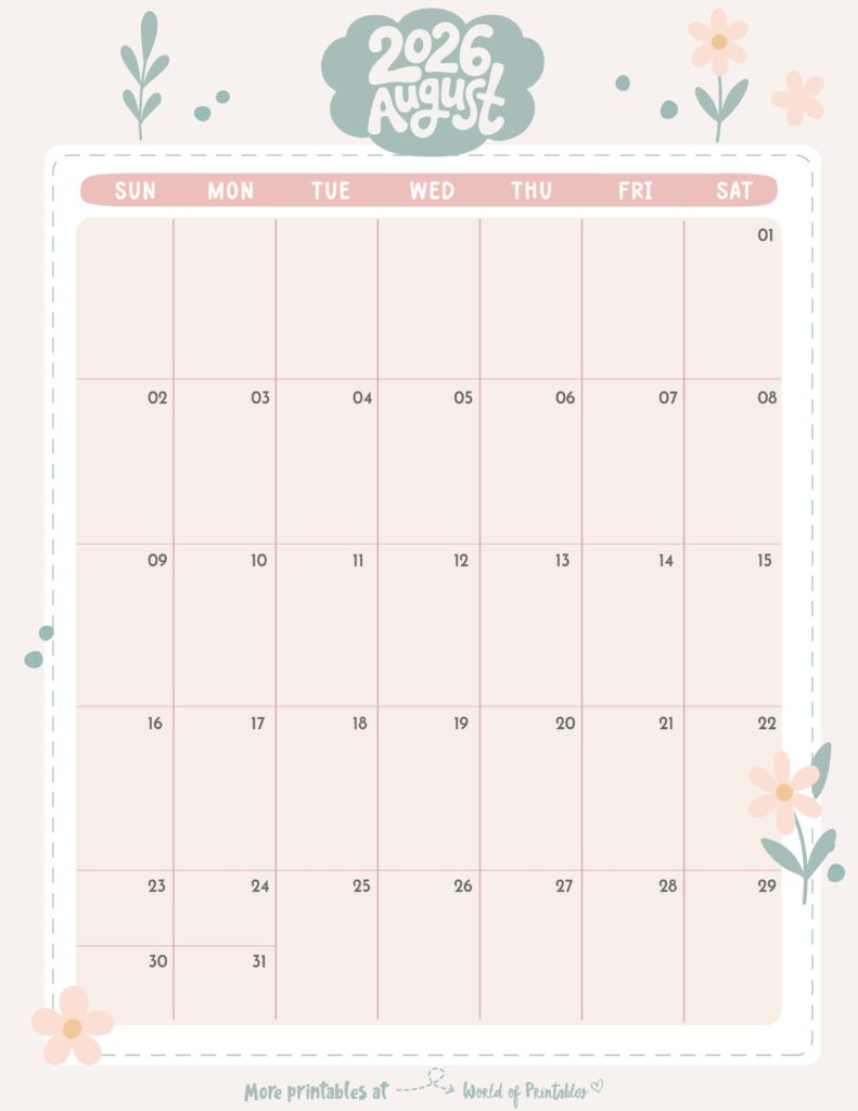 Printable August 2026 Calendar Design 332