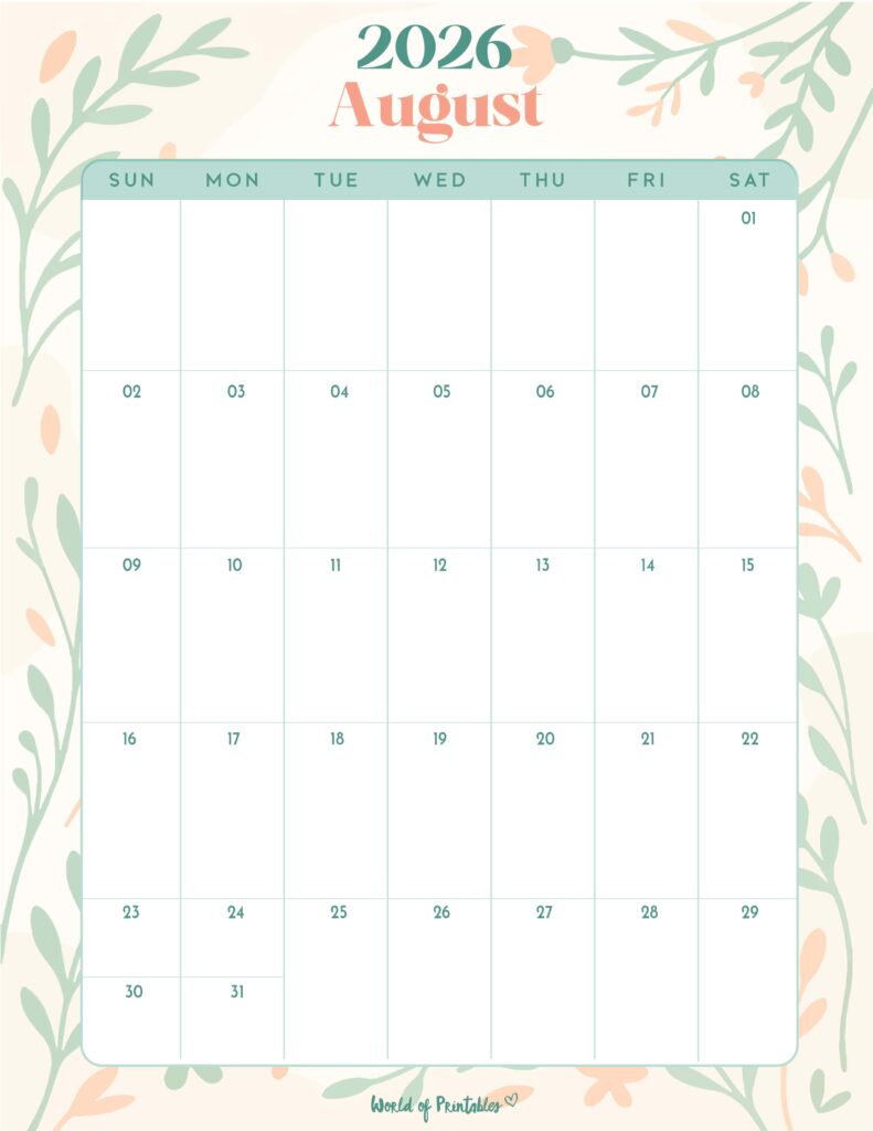 Printable August 2026 Calendar Design 334