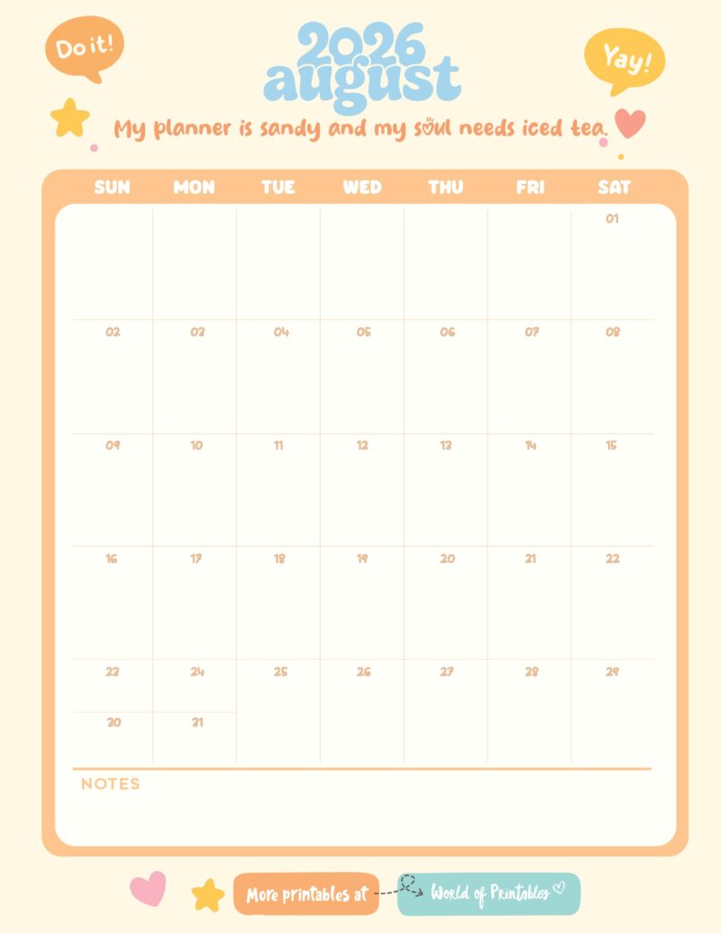 Printable August 2026 Calendar Design 337