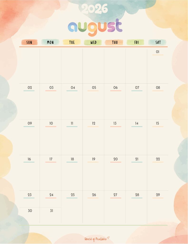 Printable August 2026 Calendar Design 346
