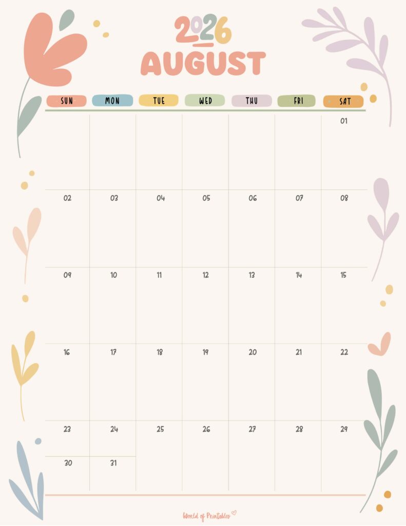 Printable August 2026 Calendar Design 349