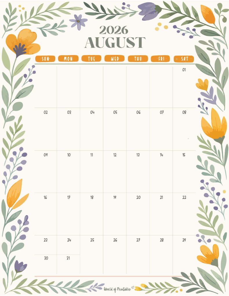 Printable August 2026 Calendar Design 350