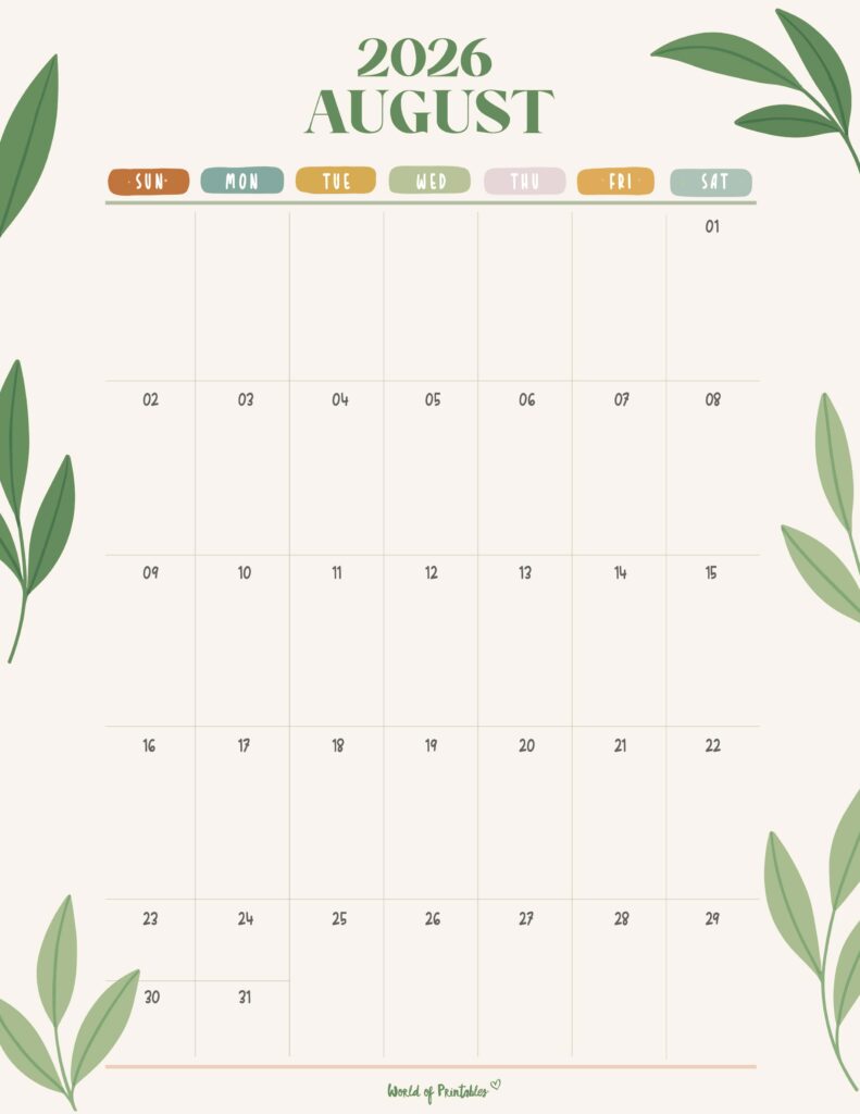 Printable August 2026 Calendar Design 354