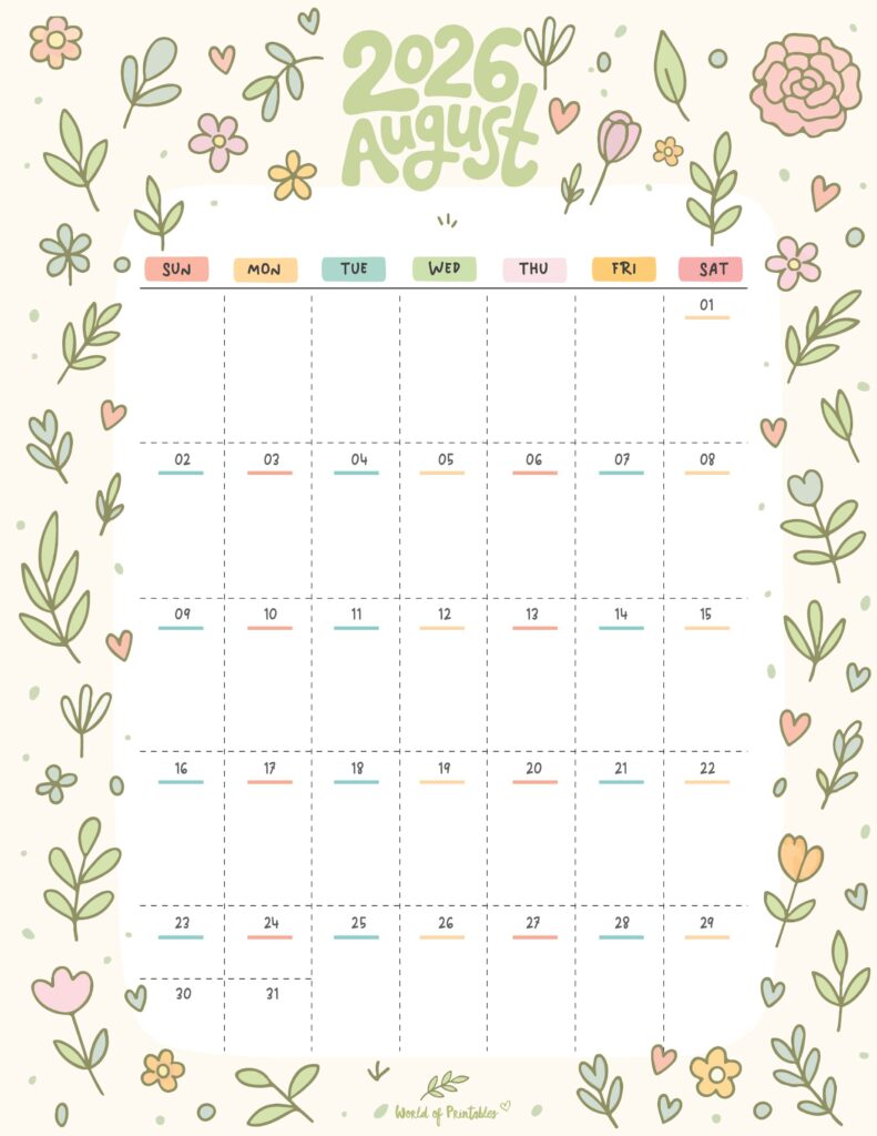 Printable August 2026 Calendar Design 357