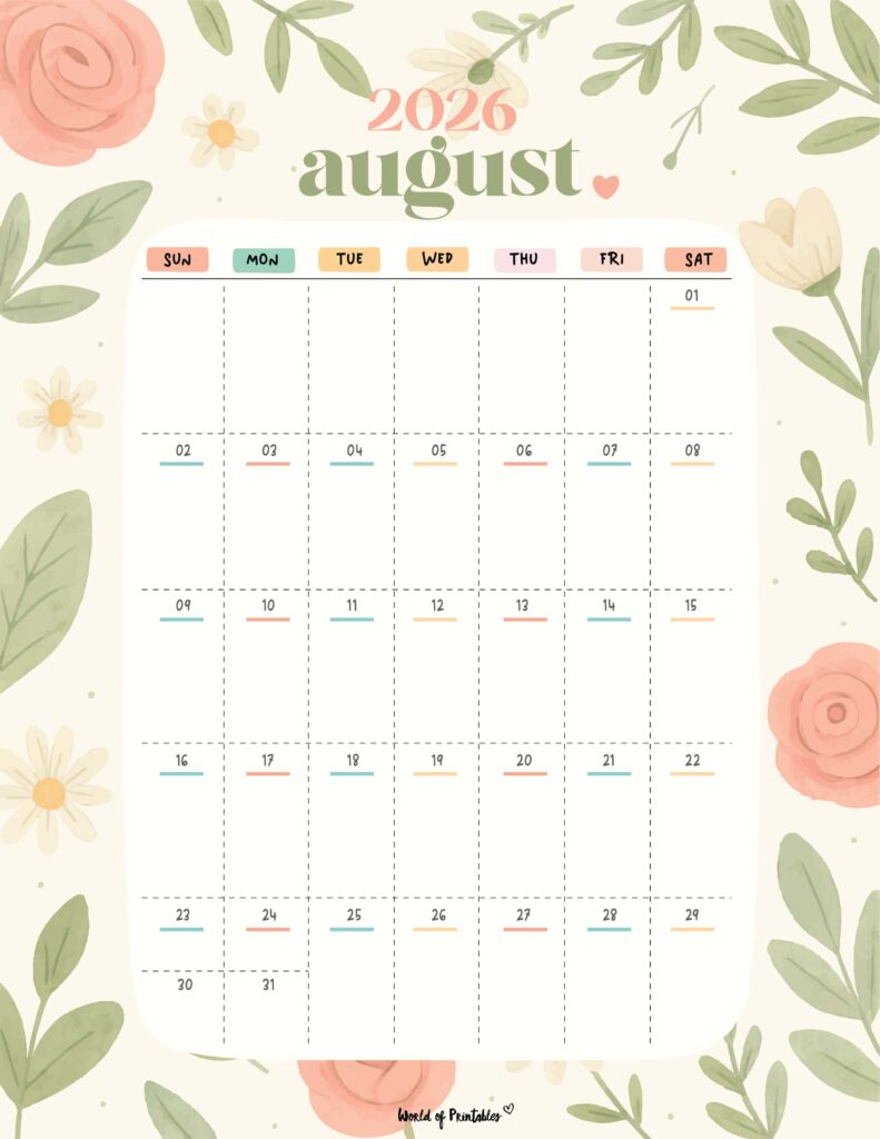 Printable August 2026 Calendar Design 358