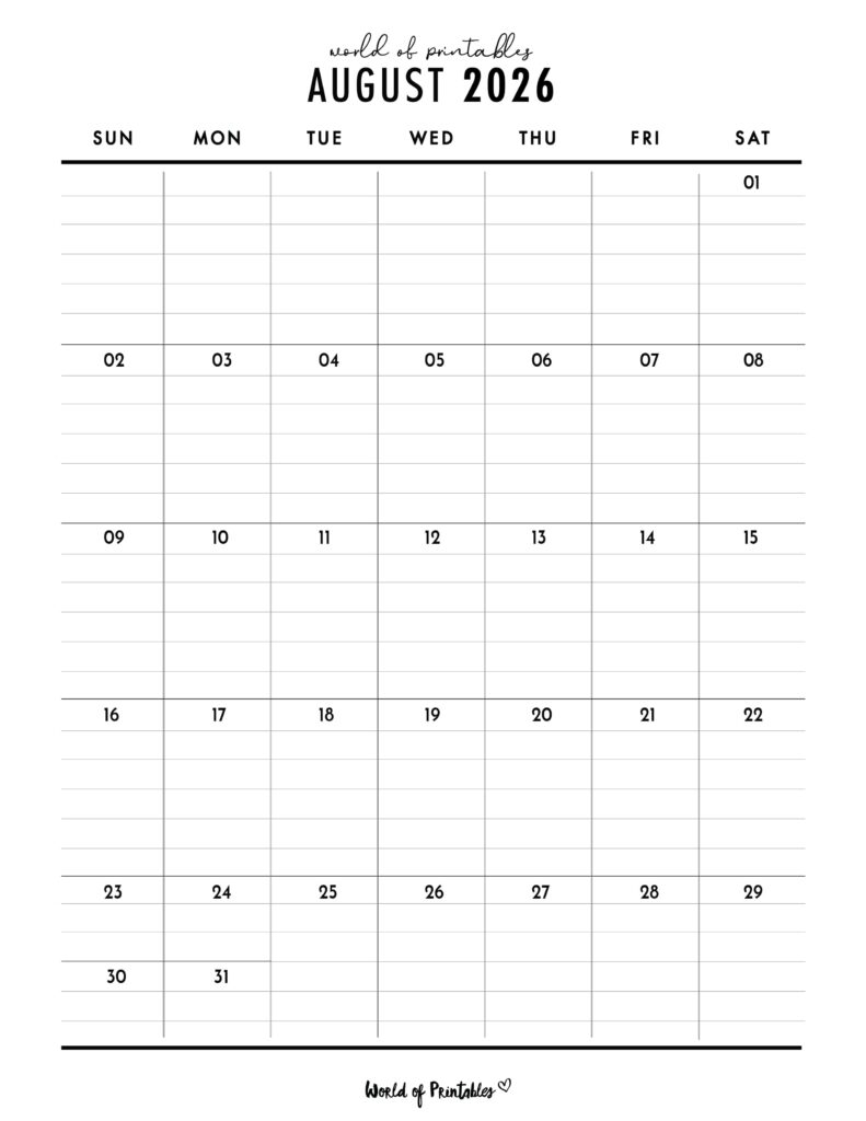 Printable August 2026 Calendar Design 374