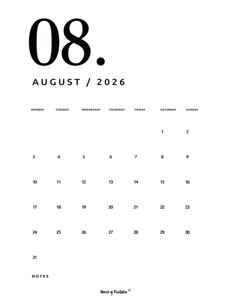 Printable August 2026 Calendar Design 65