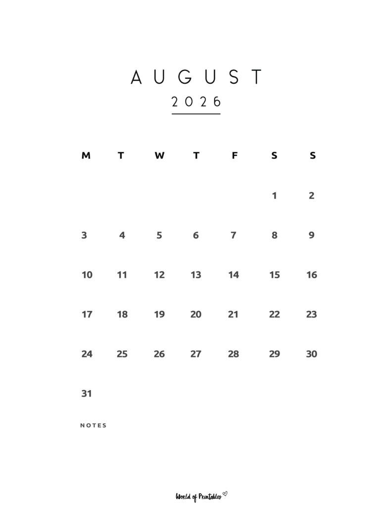 Printable August 2026 Calendar Design 74
